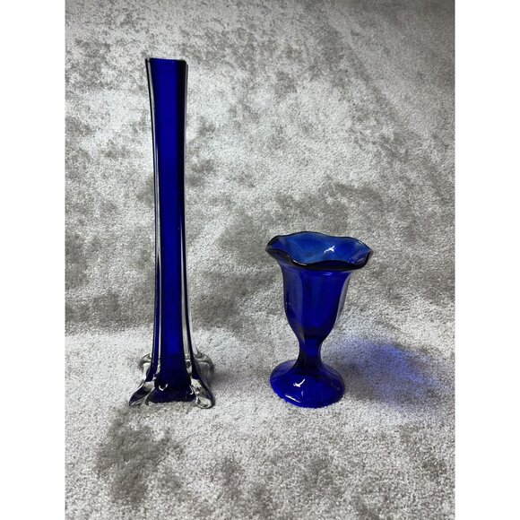 LOT of 2 Cobalt Blue Glass Vase 12" and Cobalt Blue Sundae Glass 6" Collectible - Picture 1 of 10